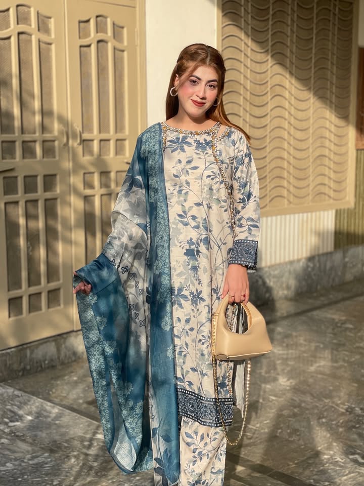 White and Blue Printed 3PC